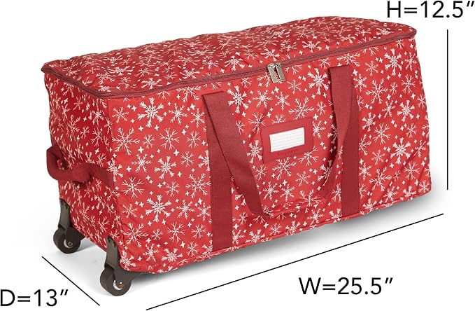 Covermates Keepsakes Rolling Adjustable Ornament Storage Bag – Heavy-Duty Polyester, FlexGrid Trays & Padded Dividers – Protective Holiday Organizer with Wheels, Handles & ID Window, Red Snowflake - Image 3