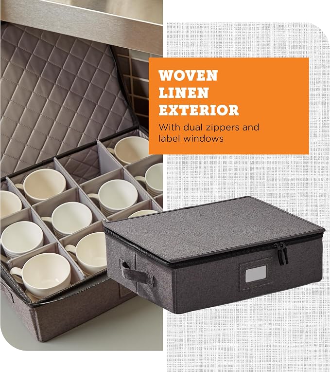 Cup & Mug Storage Case | Hard Shell Felt Dividers | Gray | Hard Shell Case Holds 12 Cups Or Mugs In 4x4 Felt Compartments. Stackable, Top-Load, Dual Handles. Also Fits Wine Glasses. - Image 6