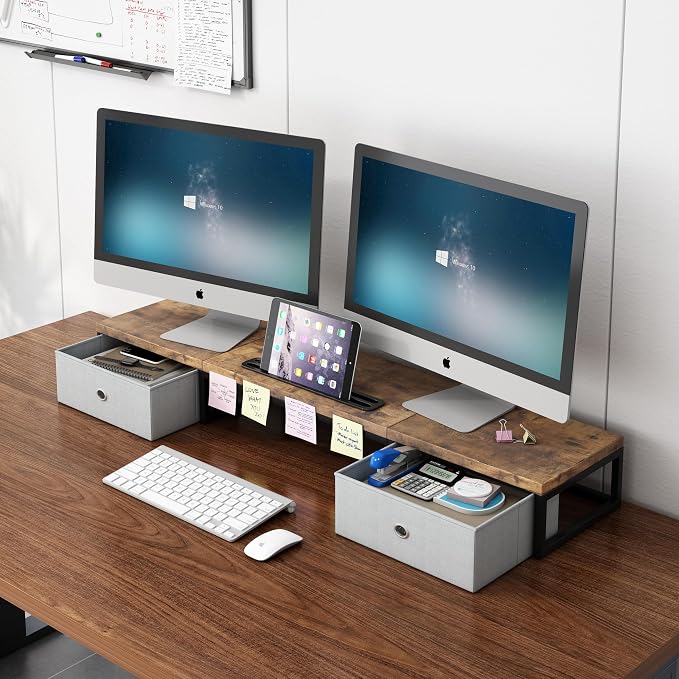 39 Inch Dual Monitor Stand Riser with 2 Drawers - Large Brown Wooden Computer Stand for 2 Monitors, Ergonomic Desk Organizer with Phone Holder, Desktop Storage for Laptop, Office Supplies, Home Office - Image 8