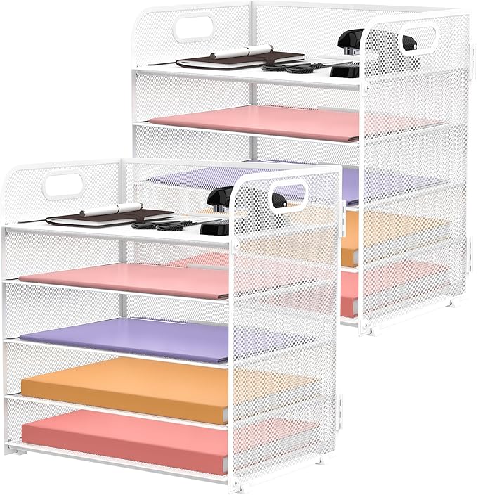2 Pack 5-Tier White Desk Organizer with Handle Mesh Desk File/Paper Organizer Letter Tray for Office, School and Home Easy Installation by SUPEASY