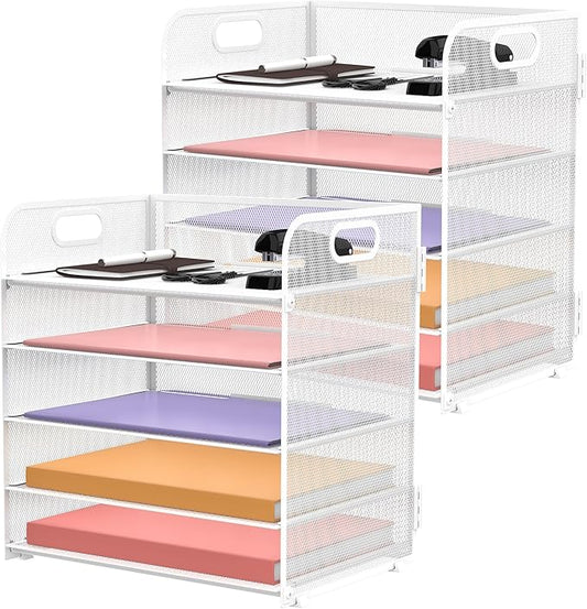2 Pack 5-Tier White Desk Organizer with Handle Mesh Desk File/Paper Organizer Letter Tray for Office, School and Home Easy Installation by SUPEASY
