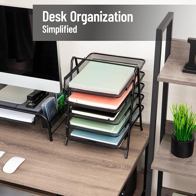 Mind Reader 5-Tier Paper Tray, Desktop Organizer, File Storage, Office, Metal Mesh, 11.75"L x 14"W x 15"H, Set of 2, Black - Image 2