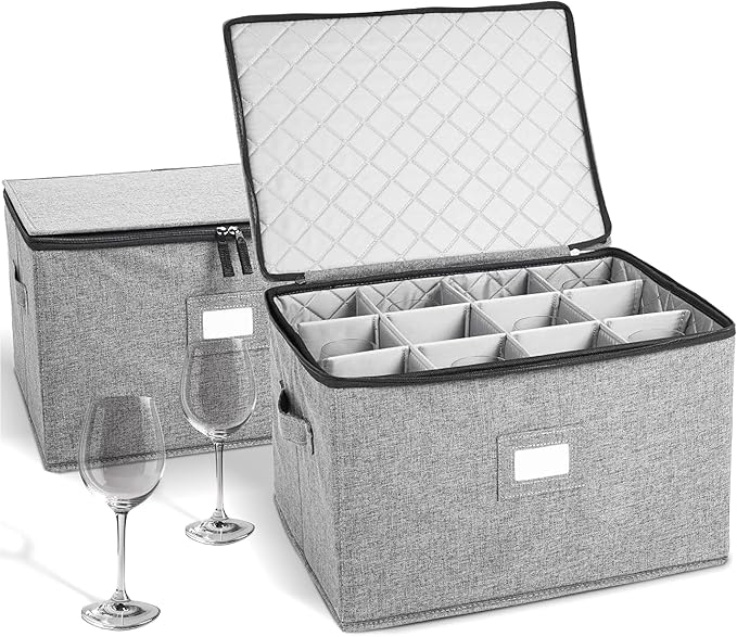 Wine Glass Storage Cases | Hard Shell Felt Dividers | 2 Pack | 2-Pack - Each Hard Shell Case Holds 12 Wine Glasses In 4x4 Felt Compartments. Stackable, Top-Load. 24 Glasses Total. by storageLAB