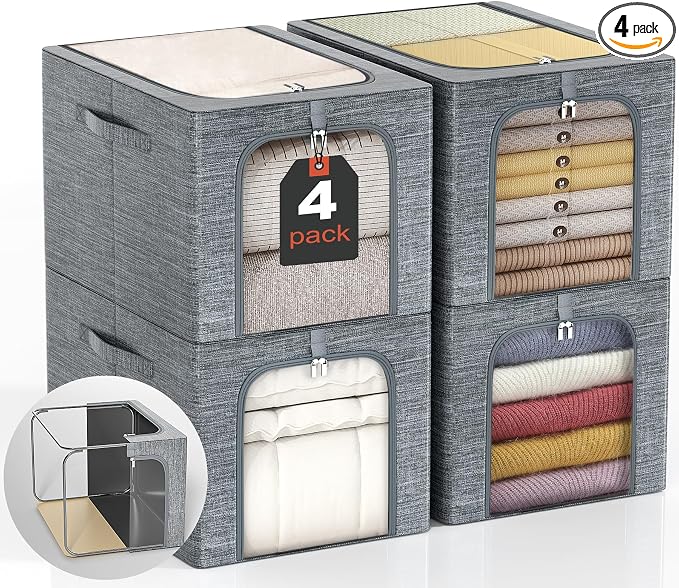 GoMaihe Clothes Storage Bins with Metal Frame for Closet, 40L 4-Pack Grey | Sweaters Hoodies Jeans T-Shirt, Closet Top Shelf Organizer, Steel Frame Collapse-Proof, Stackable, Clear Window, Dual Access by GoMaihe