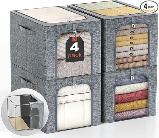 GoMaihe Clothes Storage Bins with Metal Frame for Closet, 40L 4-Pack Grey | Sweaters Hoodies Jeans T-Shirt, Closet Top Shelf Organizer, Steel Frame Collapse-Proof, Stackable, Clear Window, Dual Access by GoMaihe