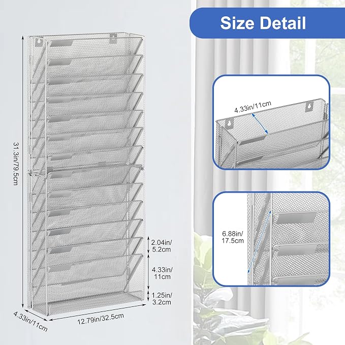 EasyPAG Wall File Holder 14 Tier Mesh Hanging Folder Organizer with Flat Tray Wall Mounted Mail Organizer Magazine Paper Desk Shelf with Nametag Label for Office Home School, Silver - Image 3