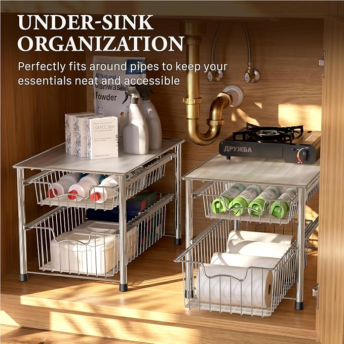 Simple Houseware Stackable 2 Tier Sliding Basket Organizer Drawer, Chrome - Image 6