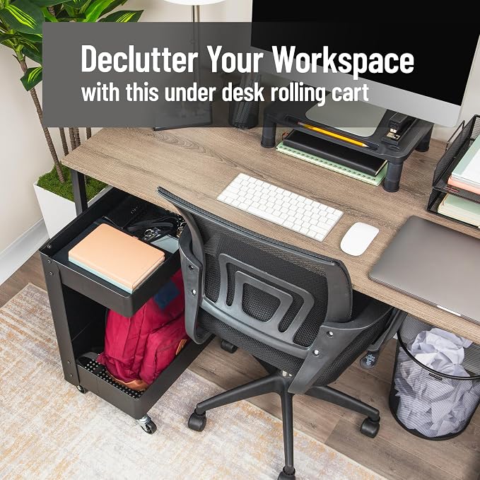 Mind Reader Under Desk Rolling Cart, 2-Tier Steel Utility Organizer, No Assembly Required, 12" L x 20" W x 23.5" H, Black - Image 2