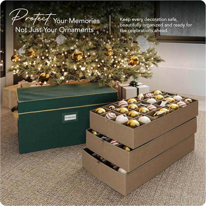 Covermates Keepsakes Adjustable Ornament Storage Box – Heavy-Duty Polyester, Padded Dividers & FlexGrid Trays – Protective Holiday Organizer with Stackable Walls & Label Window, Green - Image 2