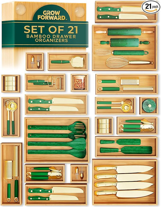 Grow Forward Bamboo Drawer Organizer Boxes - Set of 21 Wooden Drawer Organizers for Kitchen, Bathroom, Office, Desk, Vanity, Makeup - Non-Slip Junk Drawer Organizer Trays for Storage and Organization by GrowForward