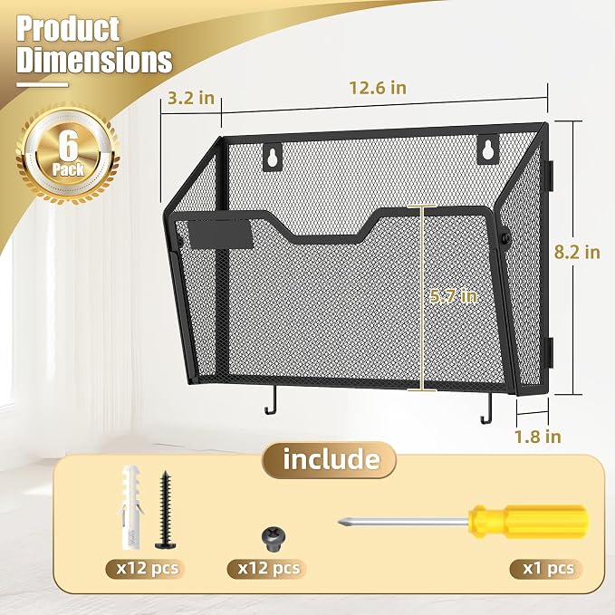 Docnest 6 Pack Mesh Wall File Holders with Hooks for Mail, Black | Space-saving vertical design with utility hooks. Ideal paper document organizer for office, home, and school - Image 2