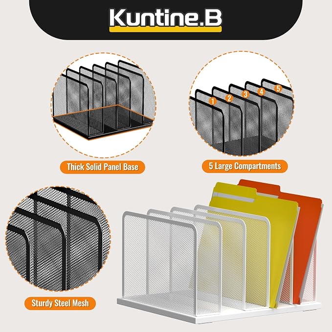 Kuntine.B 5-Section Upright Desk File Organizer White 1 Pack | Vertical, Mesh, Metal, Assembly, Stability, Sturdiness, Organization, Standing - Image 4