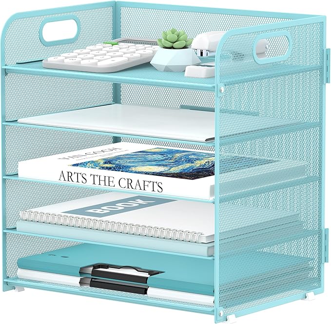 5 Trays Paper Organizer Letter Tray with Handle-Mesh Desk File Organizer, Paper Sorter Desk Organizer for Office, Home or School (Light Blue) by SUPEASY
