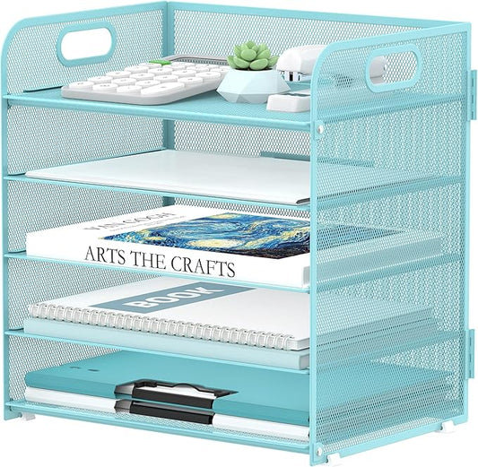 5 Trays Paper Organizer Letter Tray with Handle-Mesh Desk File Organizer, Paper Sorter Desk Organizer for Office, Home or School (Light Blue) by SUPEASY