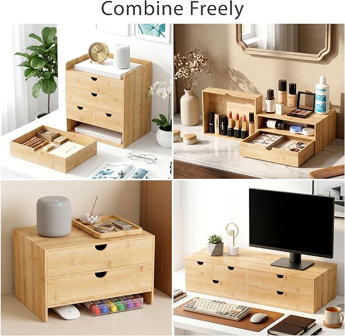 Bamboo Desk Organizer with Drawers, Desktop Storage for Office Supplies | 2 Drawers Desktop organizer, No Assembly Required, Natural Wood Wooden Desktop Drawers Box for Bills, Cosmetics, Seals, Paper - Image 4