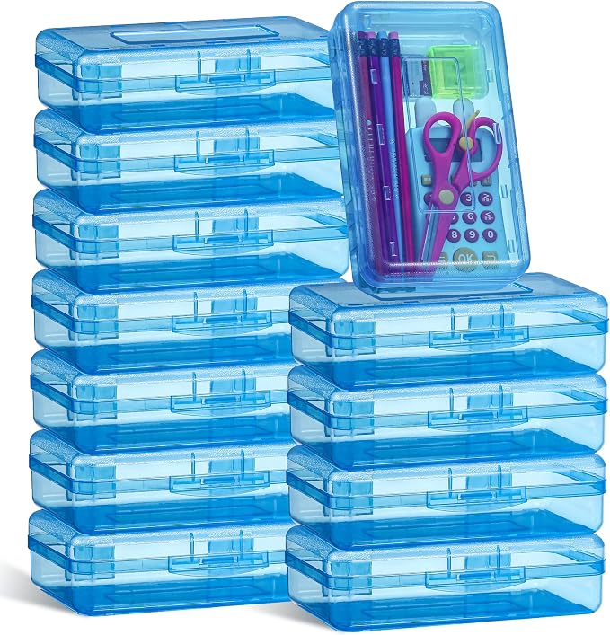 Leelosp 12 Pack Clear Pencil Boxes for School Bulk, Large Plastic Pencil Case with Lid, Stackable Hard Crayon Storage Box for Classroom Kids, Desk Drawer Organizer for Office Home(Blue) by Leelosp