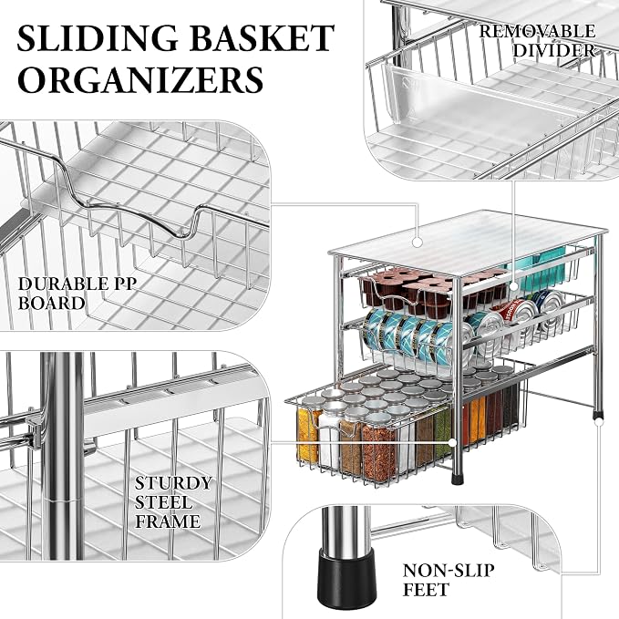 Simple Houseware Stackable 3 Tier Sliding Basket Organizer Drawer, Chrome - Image 4
