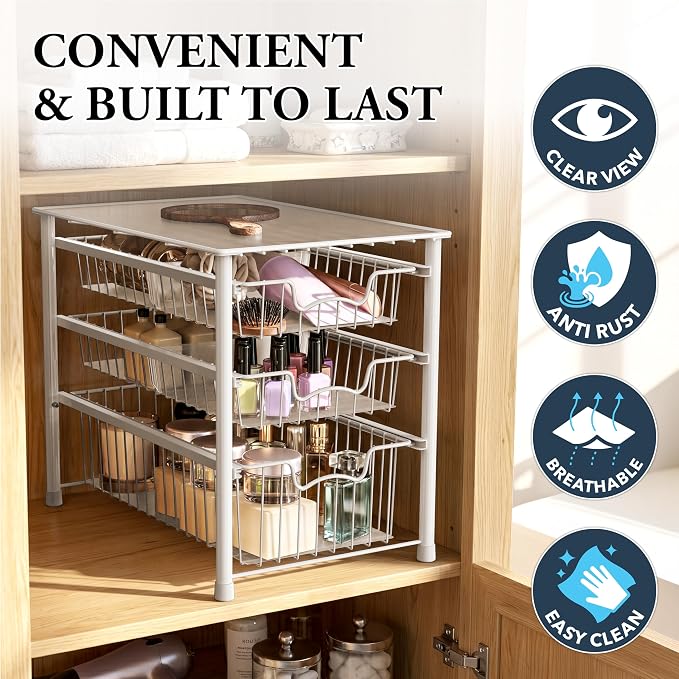 Simple Houseware Stackable 3 Tier Sliding Basket Organizer Drawer, White - Image 5