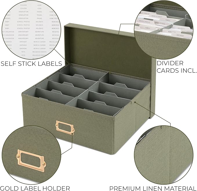 ZICOTO Decorative Photo Storage Box - Sturdy Linen Photo Organizer with Dividers is Perfect to Store Up to 1700 Pictures and 4x6 Photos - Portable Scrapbook Storage Containers with Lid - Image 6