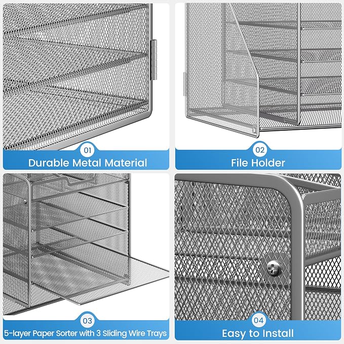 Lavatino 5-Tier Metal Mesh Desk Organizer with File Holder & 7 Customizable Compartments | Paper Letter Tray for Office or Home Desk Storage | Keep Workspace Supplies Neat & Organized, Silver - Image 6