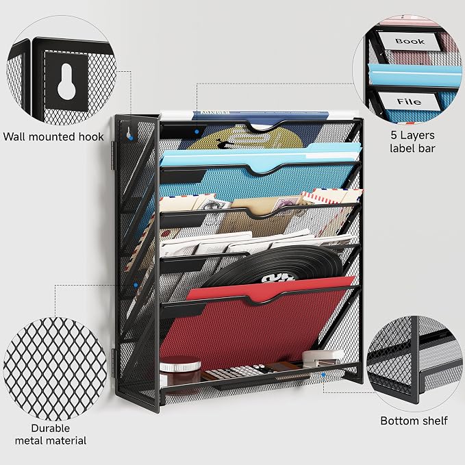Lavatino 6-Tier Hanging File Organizer, Wall Mount File Holder for Mails Folders Papers Magazine Organization, Vertical Document Organizer for Office Home - Black - Image 5