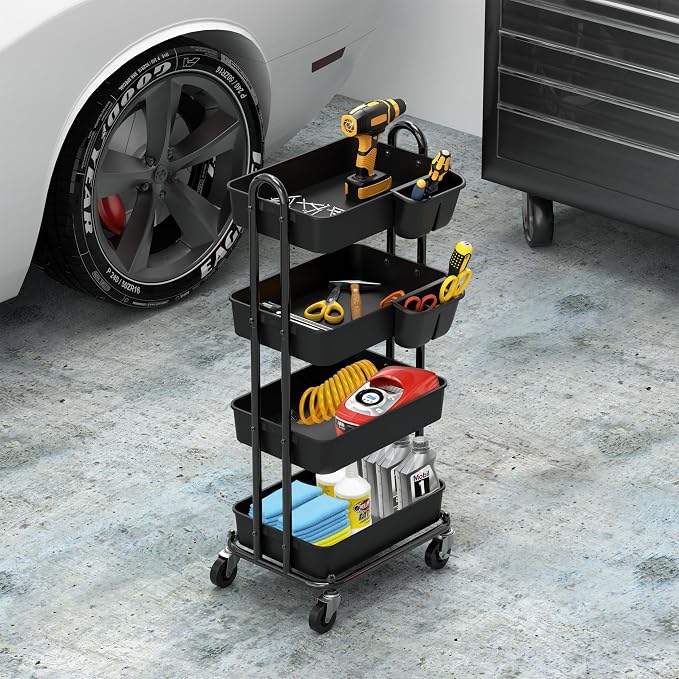 Simple Houseware 4-Tier Rolling Utility Cart with Hanging Bucket, Black | Storage for Bathroom, Kitchen, Office, Study Room, Nursery Diaper - Image 5