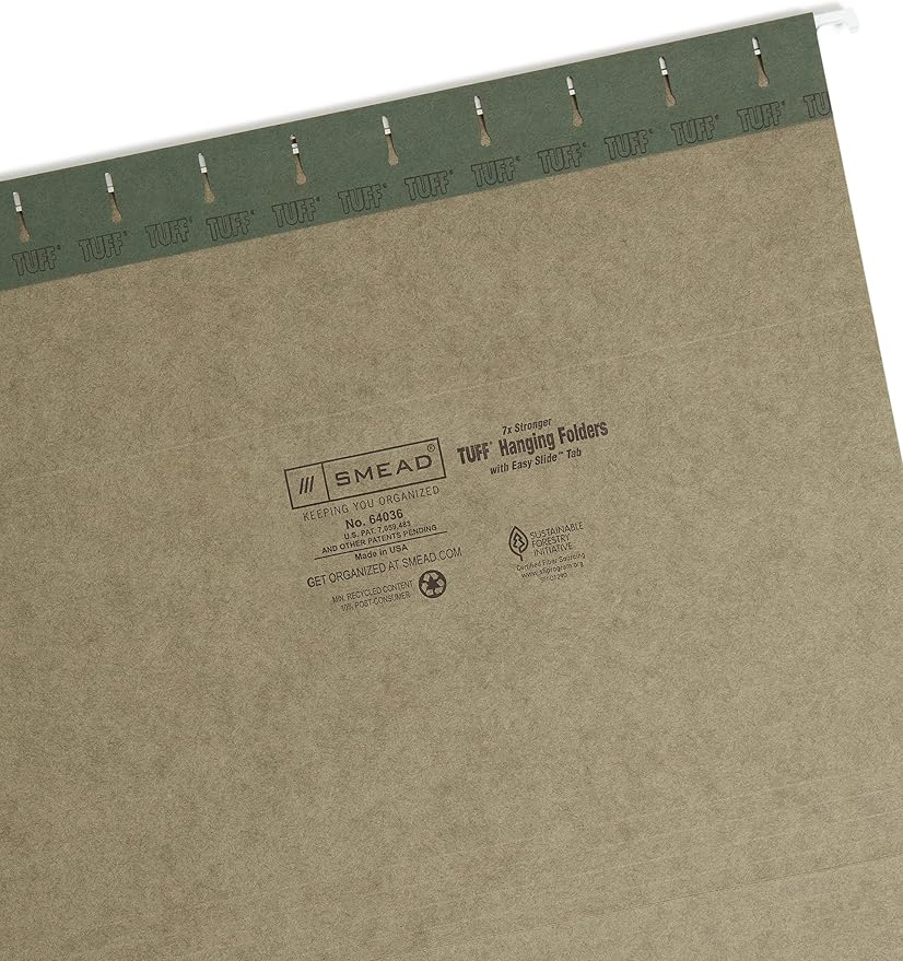 Smead TUFF Hanging File Folder with Easy Slide Tab, 1/3-Cut Sliding Tab, Letter Size, Standard Green, 20 per Box (64036, Rod Color May Vary) - Image 5
