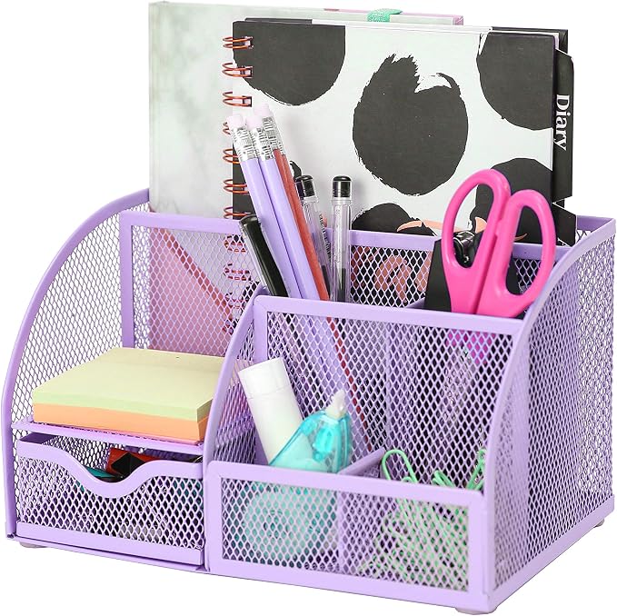 Exerz Metal Mesh Desk Organizer 7 Compartments with Drawer Light Purple | Compact Stationery Caddy with Multi Size Sections for Neat Study Work and Home Storage Needs by Exerz