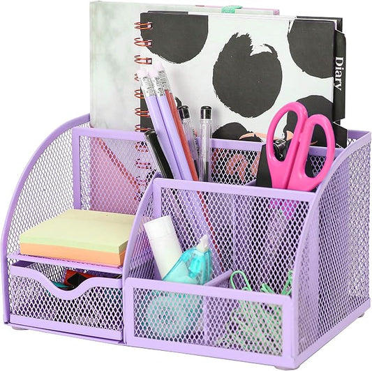 Exerz Metal Mesh Desk Organizer 7 Compartments with Drawer Light Purple | Compact Stationery Caddy with Multi Size Sections for Neat Study Work and Home Storage Needs by Exerz