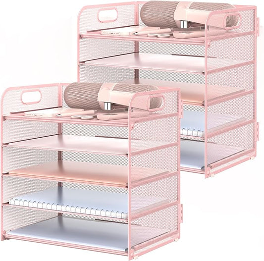 2 Pack Letter Tray 5-Tier Desk Organizer File Paper Holder with Handle, Metal Desktop Document Shelf Tray Office Classroom Organization - Pink by Sinboun