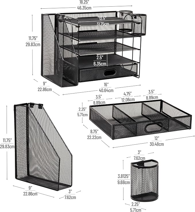 Mind Reader Mesh Desk Organizer, 4 Trays, 1 Drawer, File Holder, 2 Pen Cups, Office Desktop Organizer, Metal Mesh, Black - Image 3