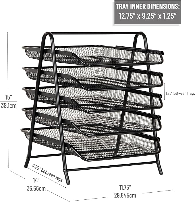 Mind Reader 5-Tier Paper Tray, Desktop Organizer, File Storage, Office, Metal Mesh, 11.75"L x 14"W x 15"H, Set of 2, Black - Image 3
