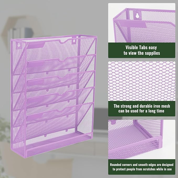 6 Tier Mesh Hanging Wall File Organizer, Desk Vertical Mail Paper Document Folder Holder Rack with Bottom Tray and Nametag Label for Office Home School, Light Purple - Image 4