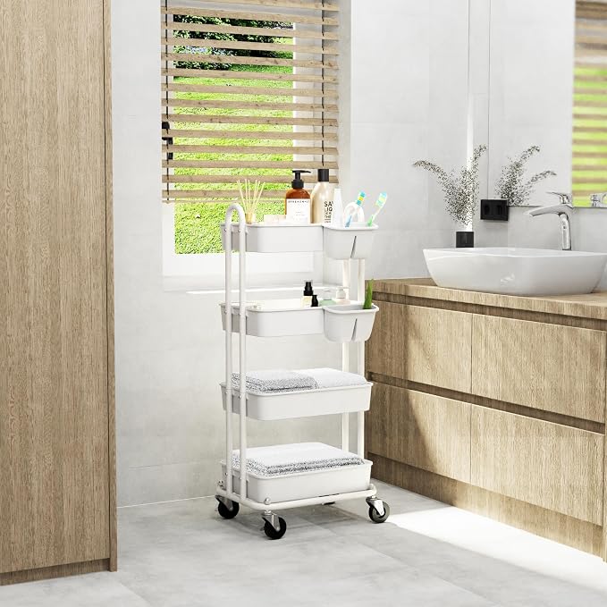 Simple Houseware 4-Tier Rolling Utility Cart with Hanging Bucket, White | Storage for Bathroom, Kitchen, Office, Study Room, Nursery Diaper - Image 9