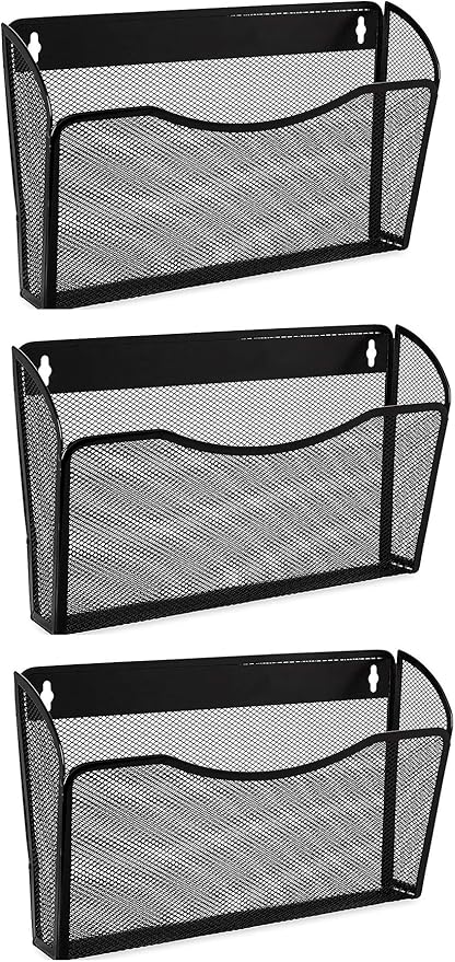 3 Single Pocket Mesh Hanging File Organizer, Vertical Wall Mounted Magazine File Holder, Mount Basket Mail Paper Document Folder Organizing for Office, Home and School, Black by EASEPRES