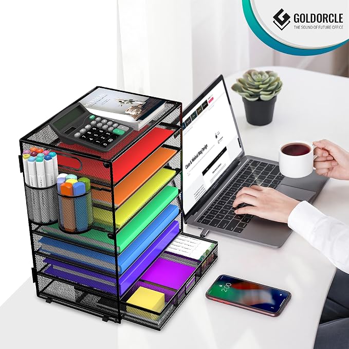 8 Tier Paper Letter Tray Organizer (Black-with Drawer,Pen Holders) | Mesh Desk File Holder Storage Organization for Home School Classroom & Office - Image 6
