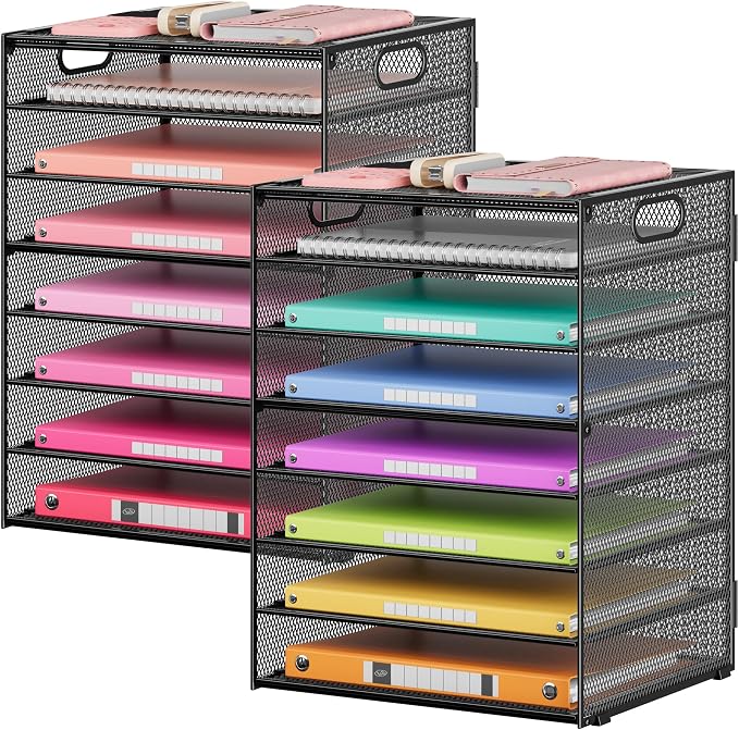 Lavatino 2 Pack 8-Tier Office Desk File Organizer, Letter Tray Paper Organizer with Handle, Including 5 Adjustable Slide Trays for Organizing Desktop Workspace Accessories and Supplies (Black Mesh) by Lavatino
