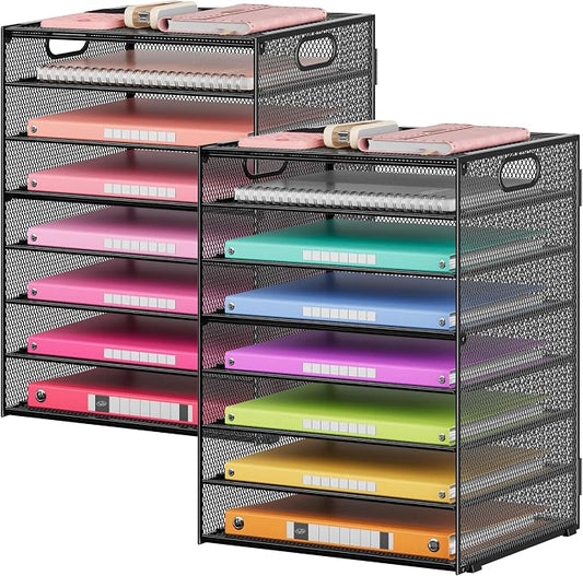 Lavatino 2 Pack 8-Tier Office Desk File Organizer, Letter Tray Paper Organizer with Handle, Including 5 Adjustable Slide Trays for Organizing Desktop Workspace Accessories and Supplies (Black Mesh) by Lavatino