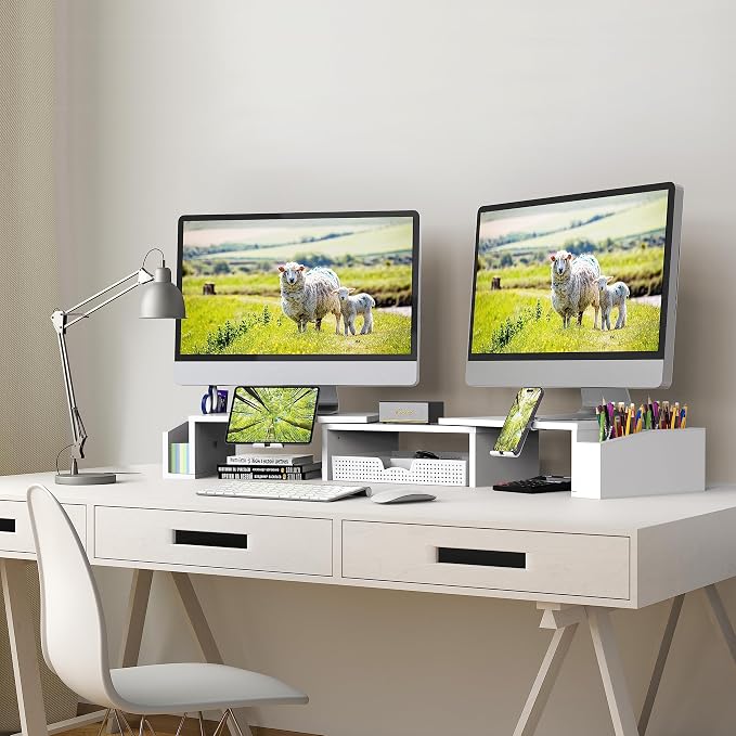 Simple Houseware Desk Dual Monitor Stand Riser with Drawer, White | Customizable Organizer Tray, Built-In Phone & Tablet Slot and Side Storage - Image 5
