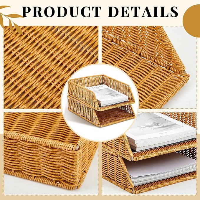 Yeaqee 2 Pcs Paper Tray Organizer for Desk Woven Letter File Organizer A4 File Tray Desk Paper Basket Letter Size Imitation Rattan Holder Organization Rack for Office Storage(Brown,Sleek Style) - Image 3