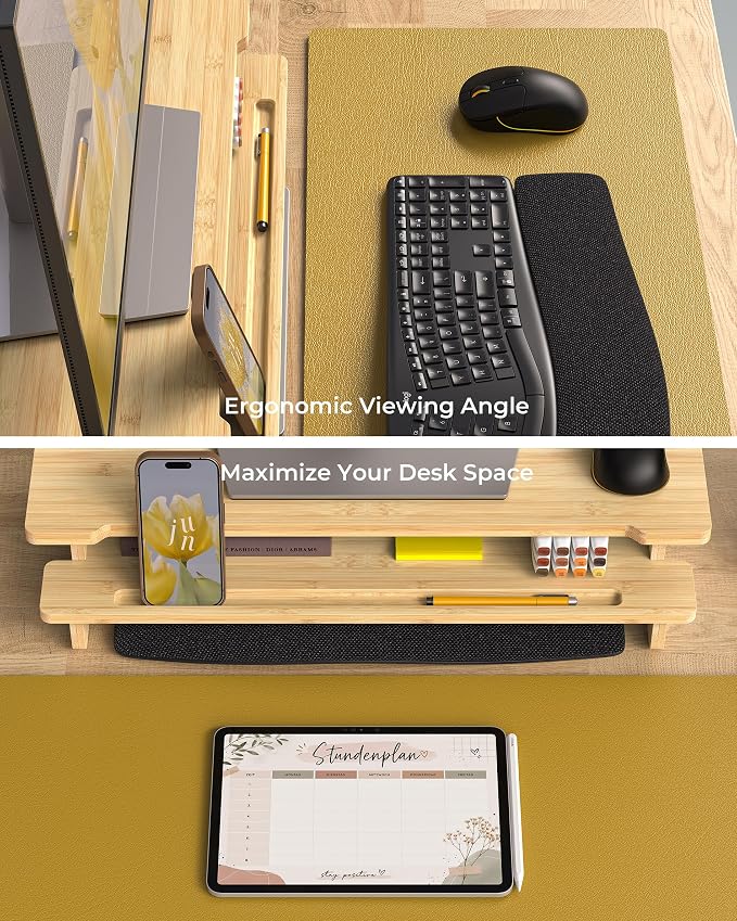 23” Bamboo Monitor Stand with Phone & Tablet Holder Desk Shelf | Monitor Riser for 40-55 Inch Desk Cozy Computer Setup Workplace Organizer Keyboard Storage Compact Ergonomic - Image 4