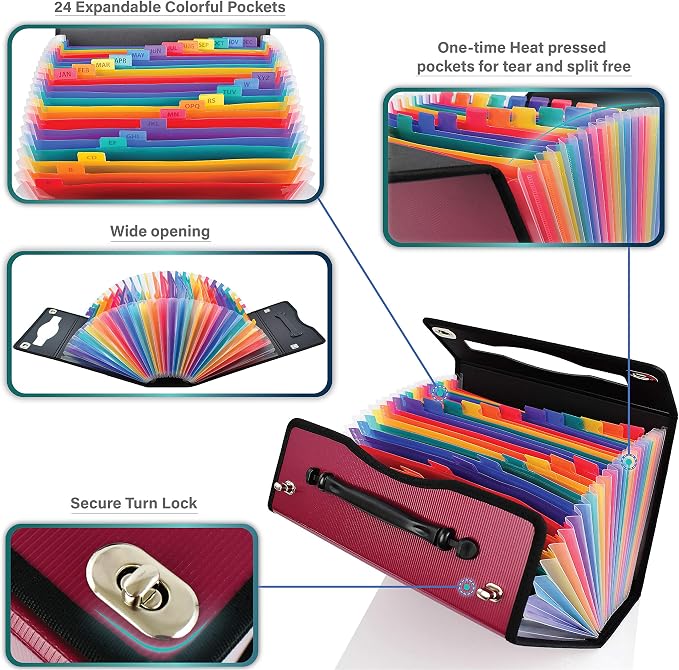CNK Accordion File Folders with 24 Pockets Organizer for Document Paper Storage Folder Documents Expanding Binder Folio Pocket Receipt Filing Expandable Files Dividers Labels Letter Durable Handle - Image 4