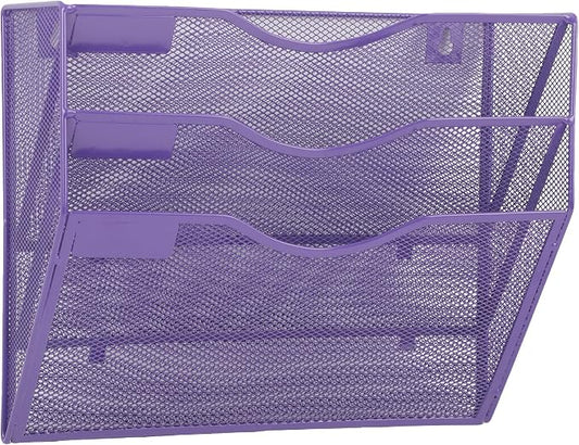 3 Pocket Mesh Hanging Wall File Organizer, Wall Mounted Mail Paper Document Folder Holder, Clipboard Storage Organization Magazine Rack with Nametag Label for Office School Home, Purple by EASEPRES