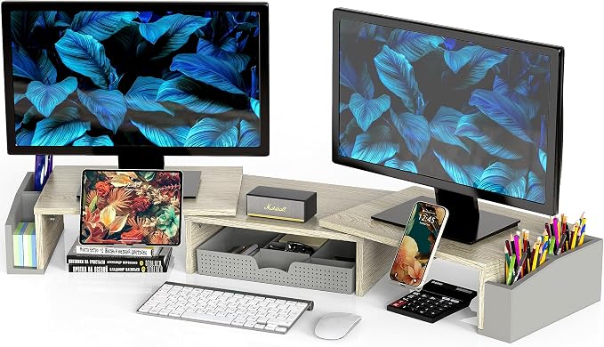 Simple Houseware Desk Dual Monitor Stand Riser with Drawer, Maple | Customizable Organizer Tray, Built-In Phone & Tablet Slot and Side Storage by SimpleHouseware