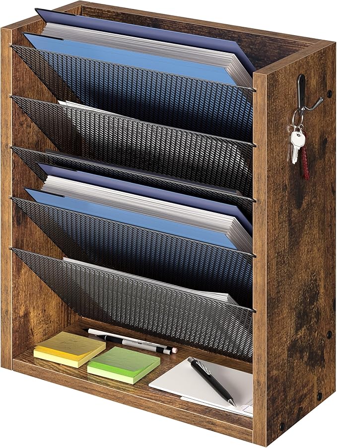 Mail Organizer Wall Mounted, 6-Slot Hanging File Organizer with Key Holder | Mail Sorter, Wood Letter Holder for Envelopes Bills Magazine Folders Papers Accessories for Home Office, Rustic Brown by Cresohom