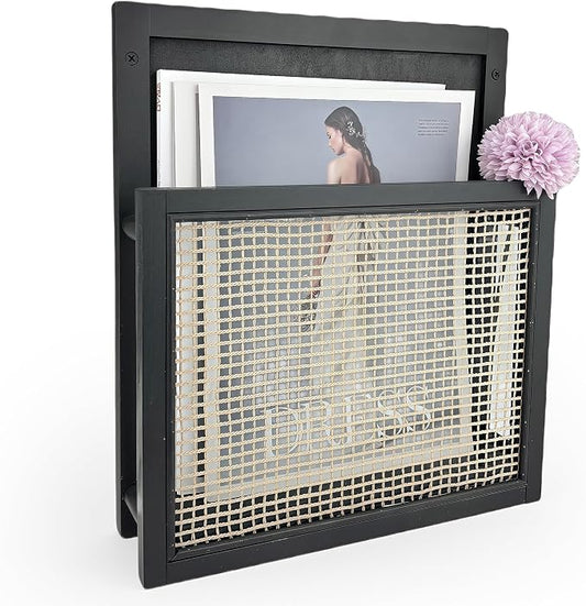 Wooden Wall Magazine Holder, Boho Style File Organizer,Wall Mounted Magazine Rack, File Holder For Entryway Living Room Kids’ room and Office, Hanging Mail Organizer (Black) by Pubgeer