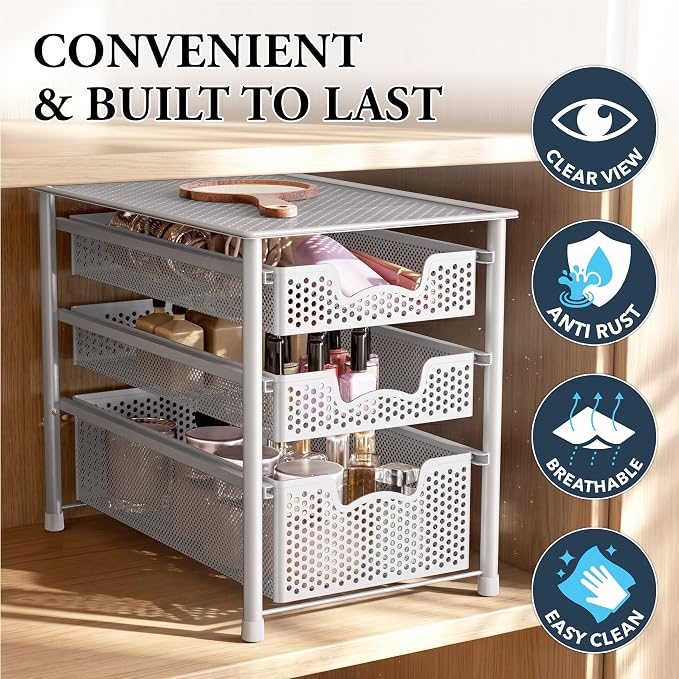 Simple Houseware 3 Tier White Alloy Steel Sliding Basket Organizer Drawer Cabinet | 3 Tier White Alloy Steel Sliding Basket Organizer Drawer Cabinet - Image 5