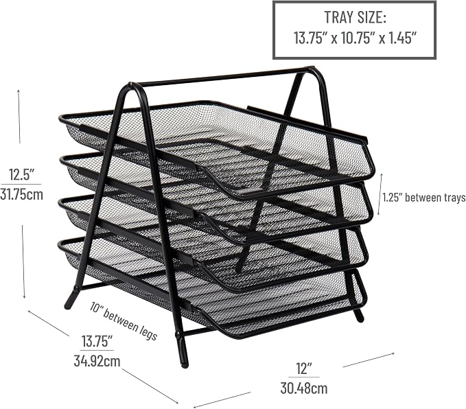 Mind Reader 4-Tier Paper Tray, Desktop Organizer, File Storage, Office, Metal Mesh, 12" L x 13.75" W x 12.5" H, Pack of 2, Black - Image 3