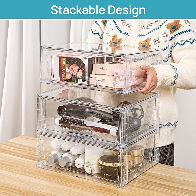 Vtopmart 2 Pack Large Clear Stackable Storage Drawers for Closet, Pantry | Easily Assemble Bathroom Undersink Organizers,Plastic Storage Bins for Cabinet,Kitchen Pantry Organization - Image 2