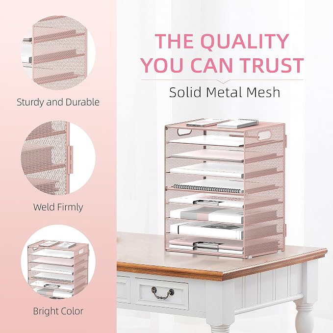 9-Tier Paper Organizer for Desk, Metal Mesh Letter Tray with Handles, Pink | Desk File Organizer with Removable Trays for Sorting Files, Folders, Mail and Printer Paper at Home, School or Office - Image 5